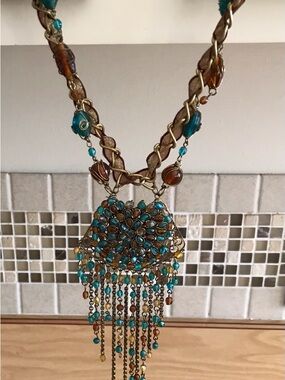 Artisan Turquoise and Amber Beaded Fringe Necklace